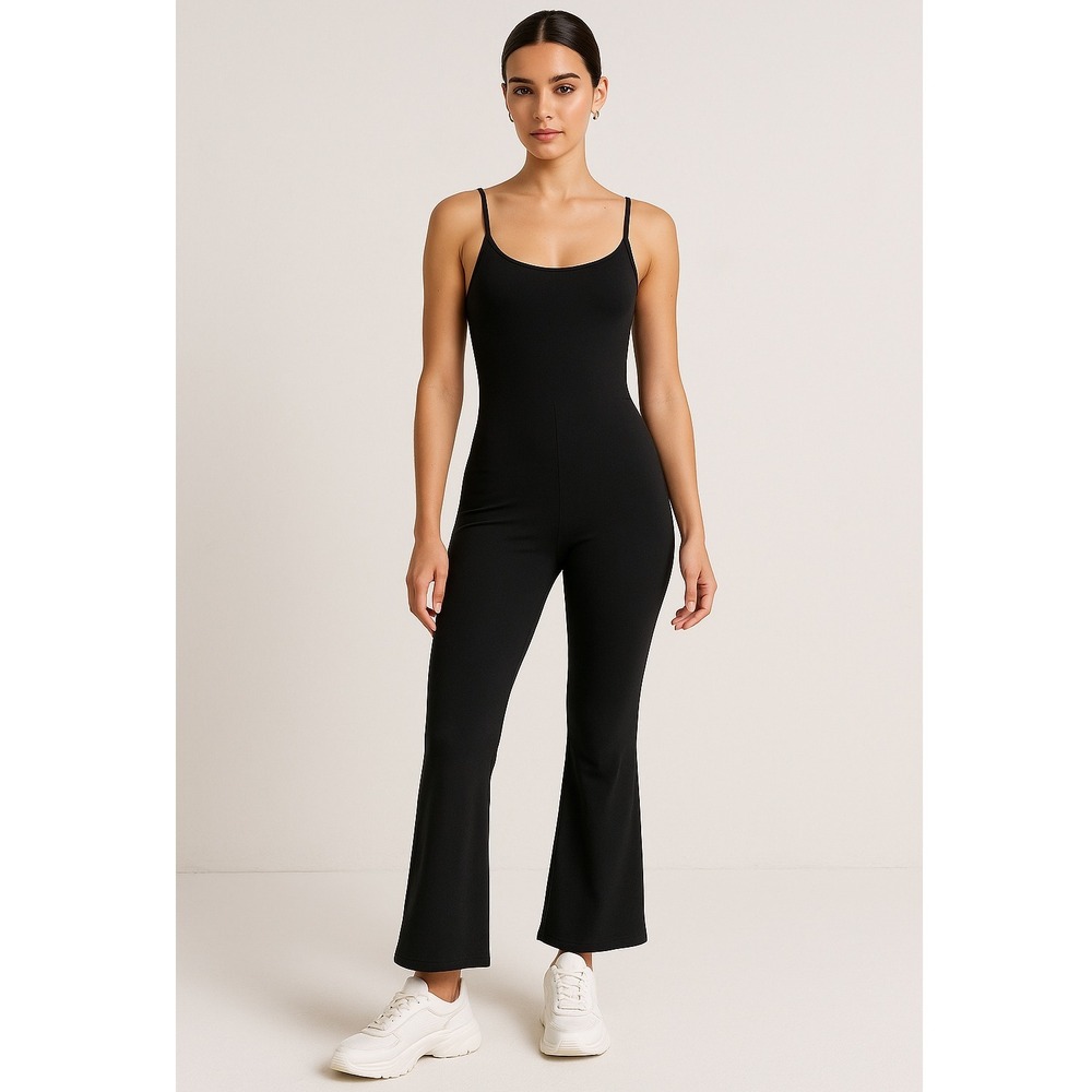 Qinsen Jumpsuit Sleeveless Flare Leg‎ Black Nylon Spandex One Piece Romper